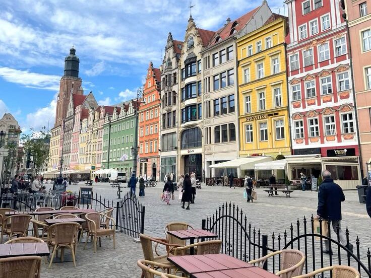 Colorful buildings and bridges along the Oder River in Wroclaw Old Town, Poland